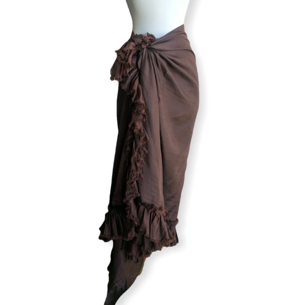 Long silk ruffle wrap flounce skirt, brown - Picture 2 of 4